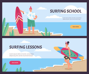 Surf lessons at the surf school banner templates, flat vector illustration.