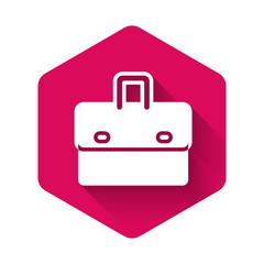 White Briefcase icon isolated with long shadow background. Business case sign. Business portfolio. Pink hexagon button. Vector