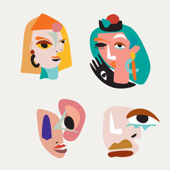 Cubism abstract face, line drawing, trendy portrait, fashion cute minimal design. Contemporary monohrome artwork