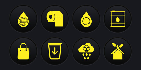 Set Shopping bag, Oil barrel, Send to the trash, Acid rain and radioactive cloud, Recycle clean aqua, Toilet paper roll, Eco friendly house and Earth planet water drop icon. Vector - obrazy, fototapety, plakaty