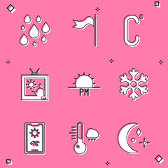 Set Water drop, Meteorology windsock wind vane, Celsius, Weather forecast, Sunset, Snowflake, and thermometer icon. Vector