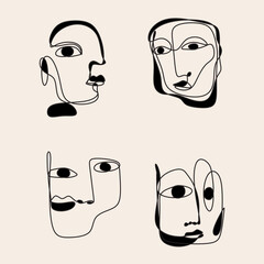 Cubism abstract face, line drawing, trendy portrait, fashion cute minimal design. Contemporary monohrome artwork