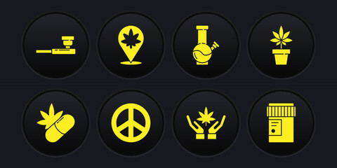 Set Medical pills with marijuana, Marijuana or cannabis plant, Peace, leaf, Glass bong for smoking, Location and, bottle and Smoking pipe icon. Vector