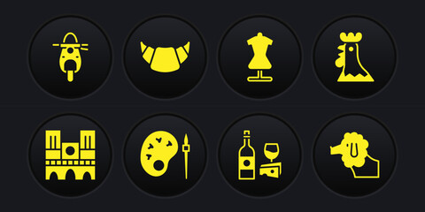 Set Notre Dame, French rooster, Paint brush with palette, Wine bottle cheese, Mannequin, Croissant, Poodle dog and Scooter icon. Vector