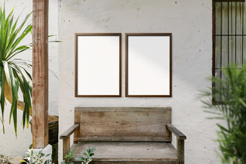 Clean minimal frame mockup on the wall with bench and plant