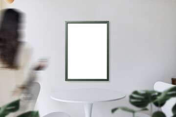 Clean minimal frame mockup on the wall with people and plants