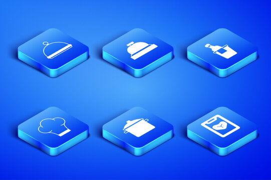 Set Restaurant cafe menu, Covered with tray, Cooking pot, Chef hat, Hotel service bell and Champagne bucket icon. Vector