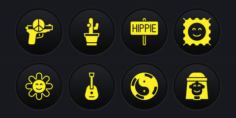 Set Flower, LSD acid mark, Guitar, Yin Yang symbol, Peace, Cactus, Hippie girl and No war icon. Vector