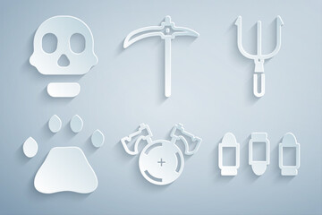 Set Medieval shield with axe, Neptune Trident, Bear paw footprint, Bullet, Pickaxe and Skull icon. Vector