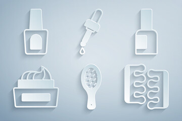 Set Nail file, Bottle of nail polish, Toe separator for pedicure, Pipette with oil and icon. Vector