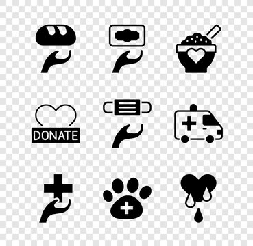 Set Donation Food, And Charity, Heart With Cross, Veterinary Clinic, Blood Donation, And Medical Protective Mask Icon. Vector