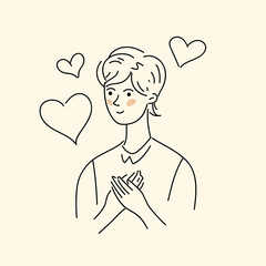 A young woman looks in front of her. Vector linear illustration drawn by hand. Fashionable cartoon-style illustration.