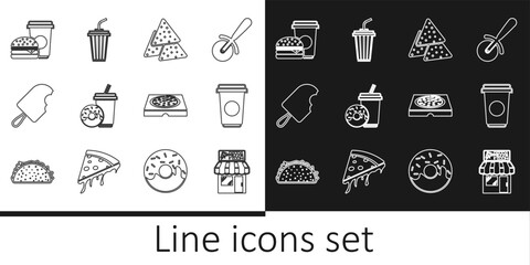 Set line Pizzeria building facade, Coffee cup, Nachos, Soda drink with donut, Ice cream, and burger, Pizza cardboard box and Glass water icon. Vector