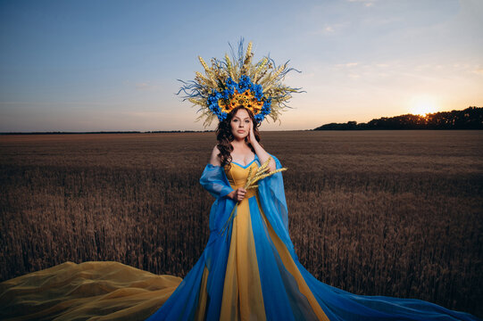 A beautiful young woman in a dress in the color of the national flag of Ukraine is standing in a wheat field. The concept of independence of Ukraine.