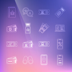 Set line Online hotel booking, translator, Laptop with ticket, Museum, Airline, Bus, Cover travel guide and icon. Vector
