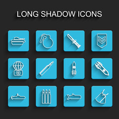 Set line Submarine, Bullet, Military tank, dog tags, Biohazard rocket and Nuclear icon. Vector