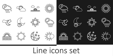Set line Eclipse of the sun, Cloud with rain and, Sunset, Sleeping moon, stars, and cloud weather icon. Vector
