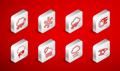 Set line Fog and sun, Snowflake, Cloud with rain, lightning, cloud and snow icon. Vector