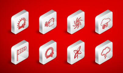 Set line Storm, Tornado swirl, Cloud with snow and lightning, Pinwheel, Wind sun, and Cone meteorology windsock wind vane icon. Vector