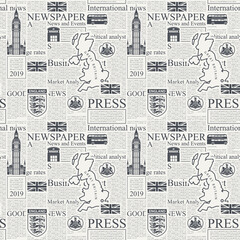Vector seamless pattern with UK or London newspaper. Decorative page of newspaper or magazine with headings, illustrations and unreadable text. Suitable for wallpaper, wrapping paper, fabric, textile