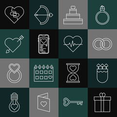 Set line Gift box and heart, Quiver arrows with, Wedding rings, cake, Mobile, Amour, Healed broken and Heart rate icon. Vector