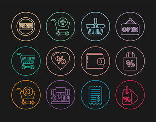 Set line Discount percent tag, Shoping bag with discount, Shopping basket, heart, cart, Price Free, Wallet and Add to icon. Vector