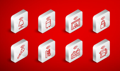 Set line Smart electric kettle, refrigerator, warehouse, safe combination lock, home with wireless, table lamp, thermometer and Wireless microphone icon. Vector