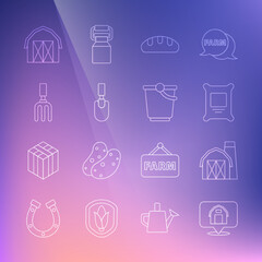 Set line Location farm house, Farm, Fertilizer bag, Bread loaf, Garden trowel spade or shovel, rake, and Bucket icon. Vector