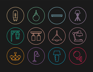 Set line Wall lamp or sconce, Table, Fluorescent, Led track lights and lamps, Vintage street, Light emitting diode, Lamp hanging and icon. Vector