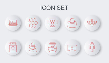 Set line Beekeeper with protect hat, Jar of honey, Honeycomb bee location, Hive for bees, Stack pancakes, and icon. Vector