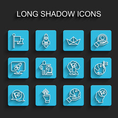 Set line Flag, Target, Hand holding Earth globe, flag, Chess, Planet with and Man icon. Vector