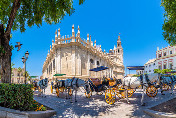 Naklejka premium Views of Seville city, with Guadalquivir river and bridges, towers, streets and Squares in Spain.