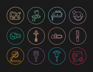 Set line Power electric generator, Rasp metal file, Electric jigsaw, Electrical hand concrete mixer, Angle grinder, planer tool, Chainsaw and Paint spray gun icon. Vector