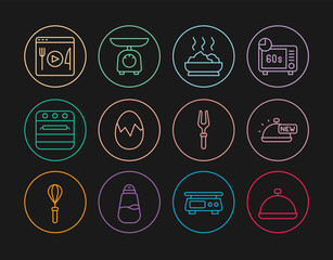 Set line Covered with tray of food, Bowl hot soup, Broken egg, Oven, Cooking live streaming, Barbecue fork and Scales icon. Vector