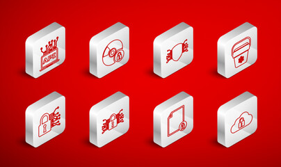 Set line Cloud computing lock, CD or DVD disk with, Cyber security, Cooler bag, Document and, Computer api interface, and icon. Vector