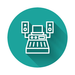 White line Music sound recording studio control room with professional equipment icon isolated with long shadow. Green circle button. Vector