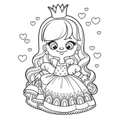 Cute cartoon long haired princess girl outlined for coloring page on white background