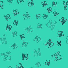 Black line Baseball bat with ball, hat icon isolated seamless pattern on green background. Vector