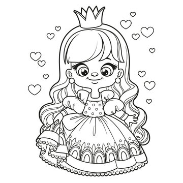 Cute cartoon long haired princess girl outlined for coloring page on white background