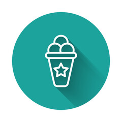 White line Ice cream in waffle cone icon isolated with long shadow background. Sweet symbol. Green circle button. Vector