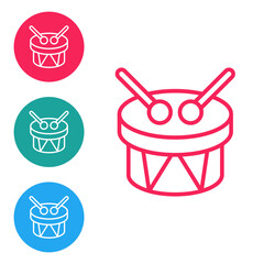 Red line Musical instrument drum and drum sticks icon isolated on white background. Set icons in circle buttons. Vector