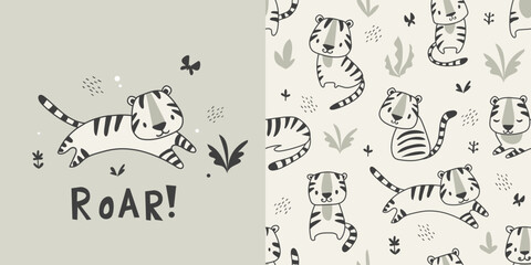 Animal pattern with cute tiger, childish seamless background and print. Hand drawn vector illustration.