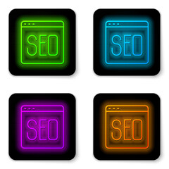 Glowing neon line SEO optimization icon isolated on white background. Black square button. Vector