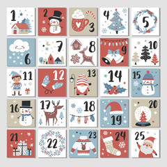 Advent calendar, Christmas poster, holiday season cute cards, Scandinavian design. Hand drawn vector illustration. - obrazy, fototapety, plakaty