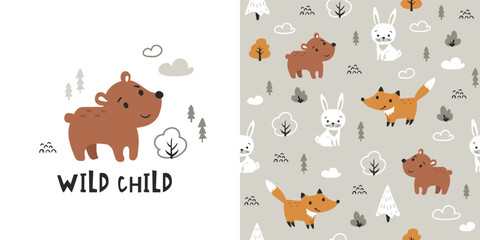 Animal pattern for kids with cute bear, fox and bunny. Nursery print. Childish seamless background, cute vector texture for bedding, fabric, wallpaper, wrapping paper, textile, t-shirt