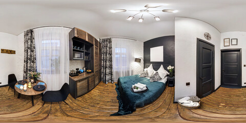 full seamless hdri 360 panorama in interior of guest living room hall with kitchen in studio...