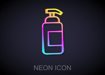 Glowing neon line Bottle of liquid antibacterial soap with dispenser icon isolated on black background. Antiseptic. Disinfection, hygiene, skin care. Vector