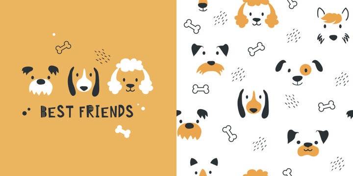 Animal pattern with cute dogs, childish seamless background and print. Hand drawn vector illustration.