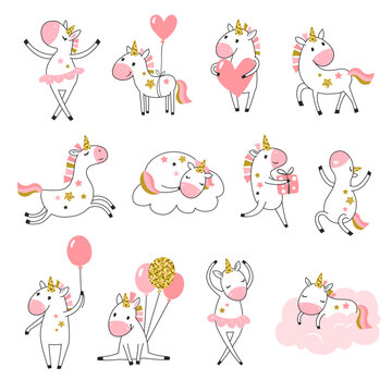 Cute unicorn set. Hand drawn vector illustration