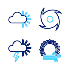 Set line Wind and sun, Storm, Tornado and Cloudy icon. Vector